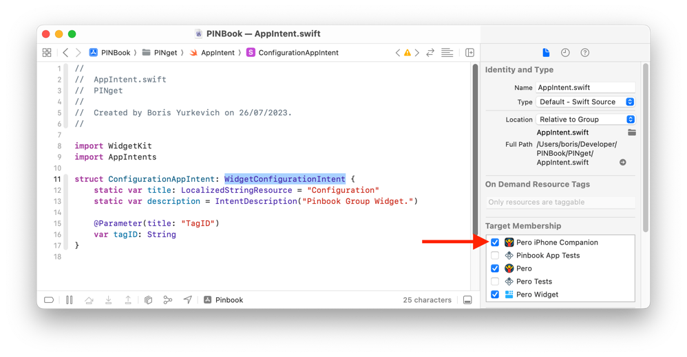 App Intent fix 2024-08-16.png Swift file checked out under main iPhone target